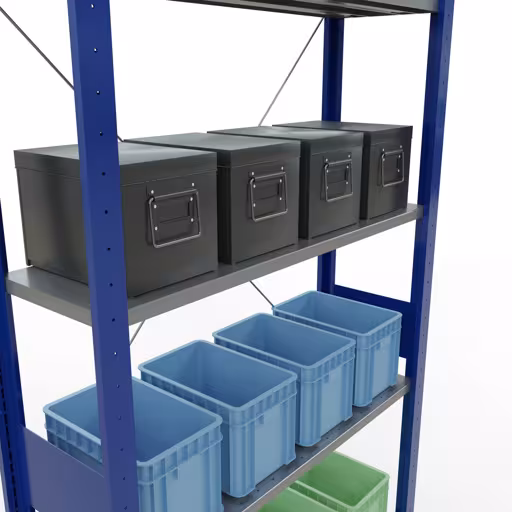 Abbildung Nr 15 des Artikels Grundregal, Fachbodenregal Stecksystem MULTIplus85, 3000 x 1000 x 300 mm (HxBxT), 7 Fachböden, Kreuzstrebe, RAL 5010 enzianblau aus der Produktgruppe Stecksystem von der Marke Schulte Lagertechnik