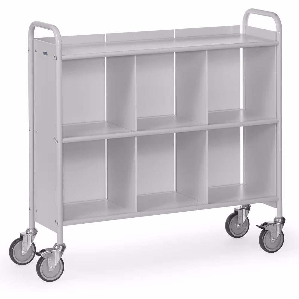 Bürowagen 4878 verschraubte Stahlrohr-Konstruktion, lichtgrau RAL 7035, Böden, Seiten- und Trennwände und Längswand aus Holzwerkstoffplatten von der Marke Fetra aus der Produktreihe Transportsysteme