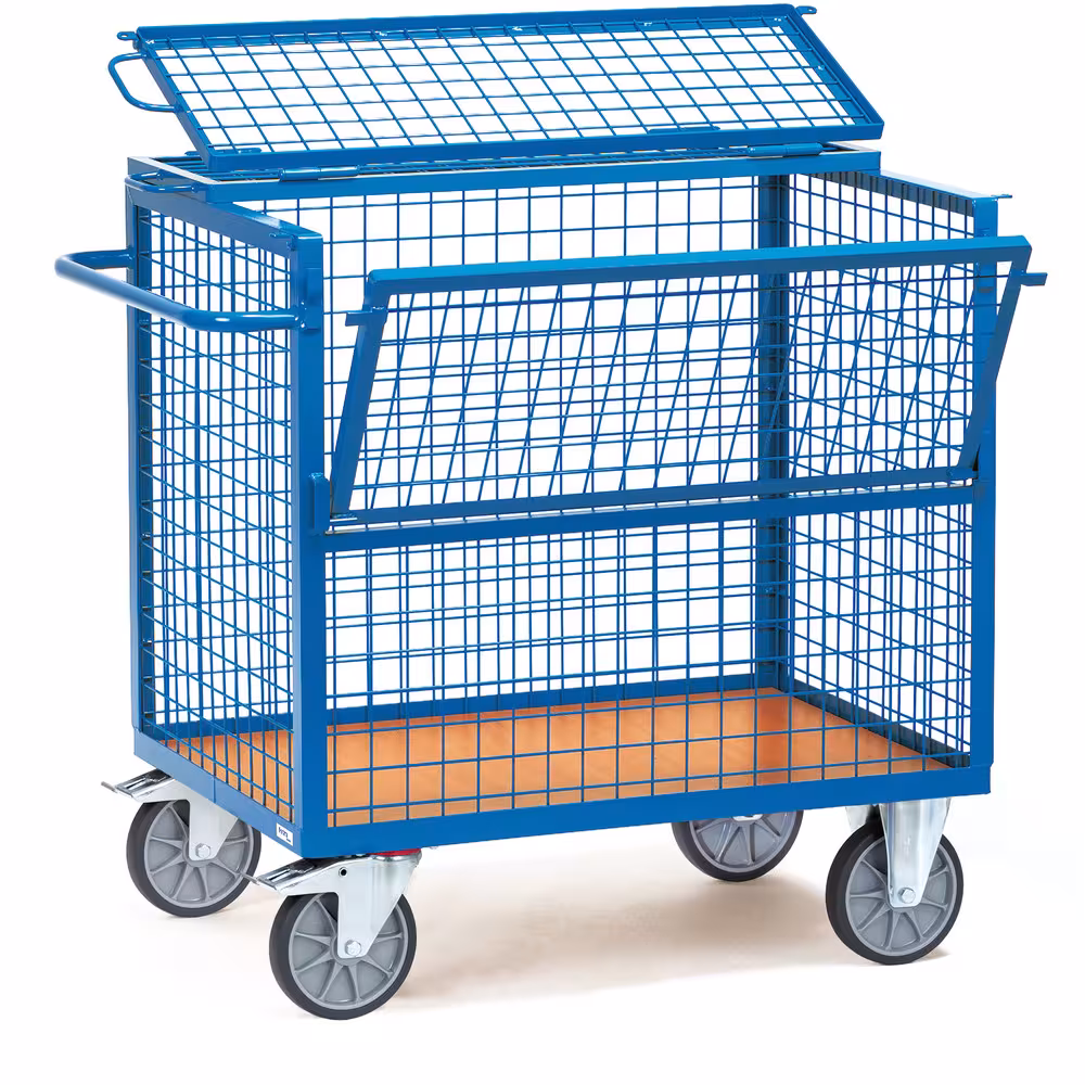 Drahtkastenwagen pulverbeschichtet blau RAL 5007. Boden aus Holzwerkstoffplatte, Oberfläche Buchendekor aus der Kategorie Wagen