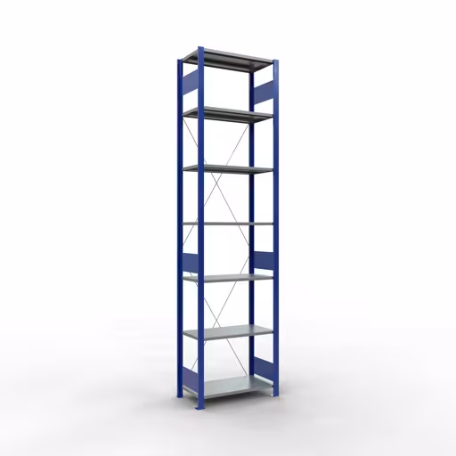Grundregal, Fachbodenregal Stecksystem MULTIplus150, 3000 x 750 x 400 mm (HxBxT), 7 Fachböden, Kreuzstrebe, RAL 5010 enzianblau/verzinkt/verzinkt von der Marke Schulte Lagertechnik Grundregal, Fachbodenregal Stecksystem MULTIplus150, 3000 x 750 x 400 mm (HxBxT), 7 Fachböden, Kreuzstrebe, RAL 5010 enzianblau/verzinkt/verzinkt aus der Kategorie Grundregal mit der Artikelnummer 12742-75-B
