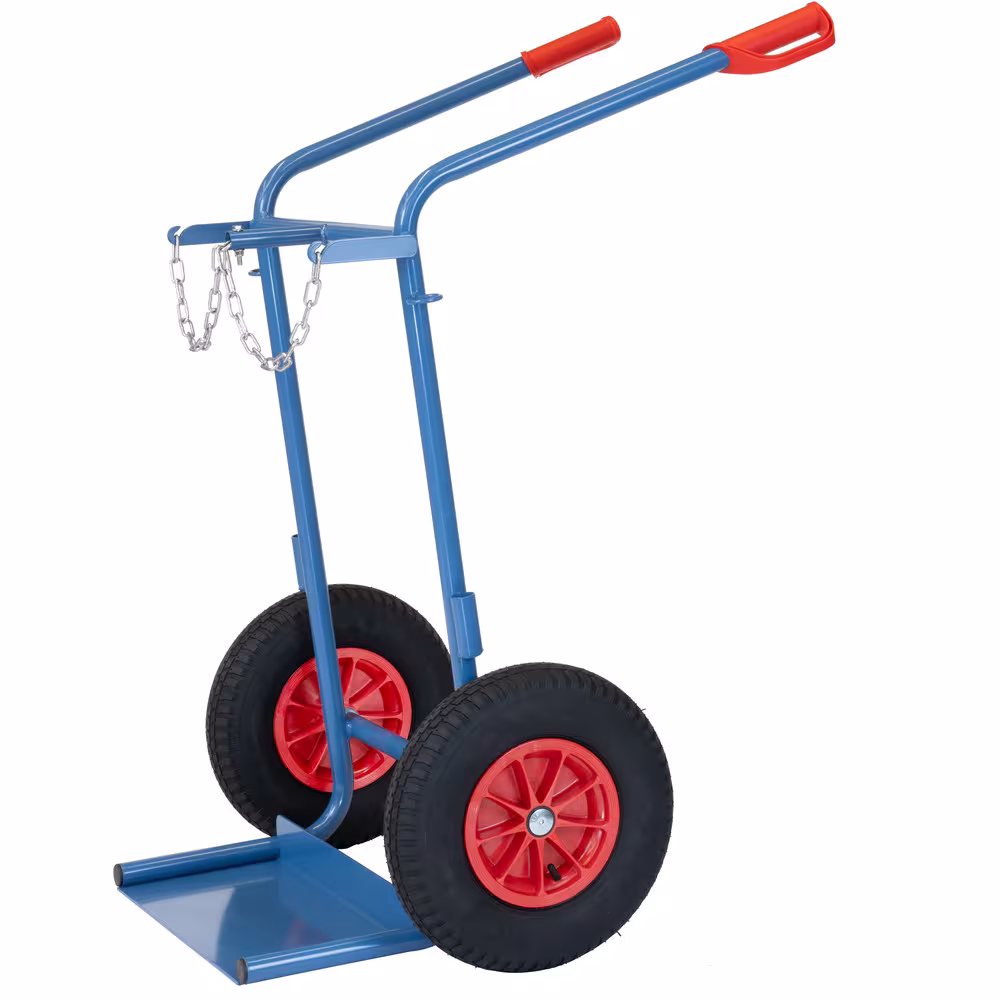 Stahlflaschenkarre 40-50 l aus Stahlrohr geschweißt, pulverbeschichtet blau RAL 5007. Flaschenhalterungen mit Kettensicherung von der Marke Fetra aus der Kategorie Karren