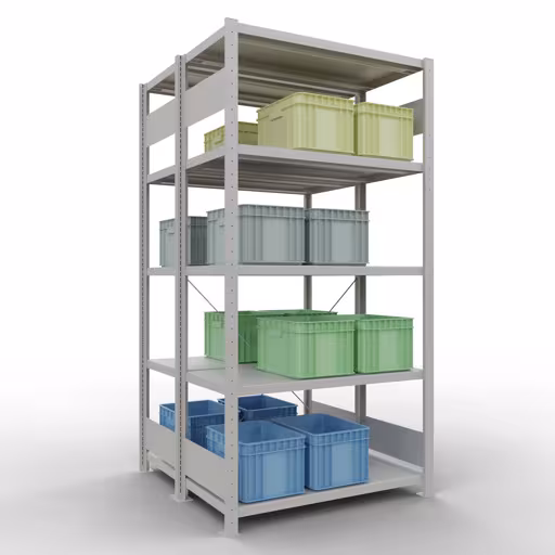 Produktbild Nr.15 des Artikels Grundregal, Doppelregal, Fachbodenregal Stecksystem MULTIplus250, 2000 x 1000 x (2x500) mm (HxBxT), 2x5 Fachböden, Kreuzstrebe, RAL 7035 lichtgrau aus der Produktreihe Fachbodenregale von der Marke Schulte Lagertechnik
