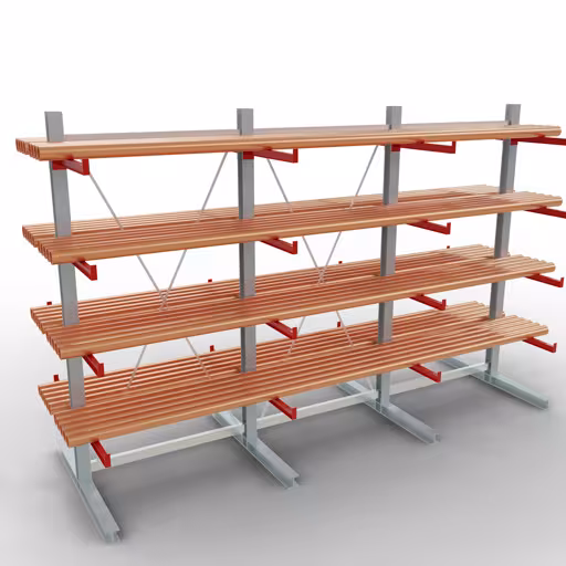 Abbildung Nr 10 des Artikels K 6000 Komplettregal, doppelseitig, 3000 x 4500 x 2x 750 mm, RAL 7001 / RAL 3000, 5 Lagerebenen aus der Produktgruppe Kragarmregale von der Marke Schulte Lagertechnik
