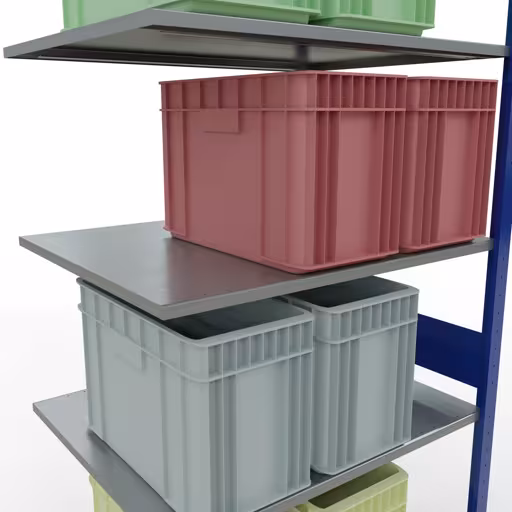 Produktbild Nr.7 des Artikels Anbauregal, Fachbodenregal Stecksystem MULTIplus150, 3000 x 1000 x 800 mm (HxBxT), 7 Fachböden, Längenriegel, RAL 5010 enzianblau/verzinkt aus der Produktreihe Stecksystem von der Marke Schulte Lagertechnik