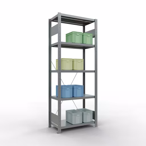 Grundregal, Fachbodenregal Stecksystem MULTIplus250, 2000 x 750 x 400 mm (HxBxT), 5 Fachböden, Kreuzstrebe, verzinkt mit der Artikelnr. 12940-75 Grundregal, Fachbodenregal Stecksystem MULTIplus250, 2000 x 750 x 400 mm (HxBxT), 5 Fachböden, Kreuzstrebe, verzinkt von Schulte Lagertechnik aus der Kategorie Stecksystem