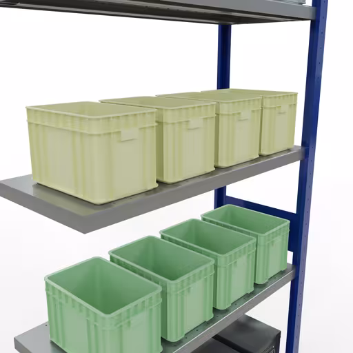 Abbildung Nr 11 des Artikels Anbauregal, Fachbodenregal Stecksystem MULTIplus330, 3000 x 1000 x 400 mm (HxBxT), 7 Fachböden, Längenriegel, RAL 5010 enzianblau/verzinkt aus der Produktgruppe Stecksystem von der Marke Schulte Lagertechnik