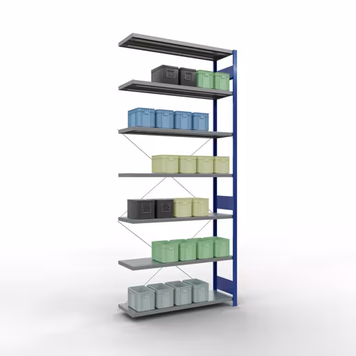 Produktbild Nr 13 des Artikels Anbauregal, Fachbodenregal Stecksystem MULTIplus250, 3000 x 1300 x 400 mm (HxBxT), 7 Fachböden, Kreuzstrebe, RAL 5010 enzianblau/verzinkt Abbildung Nr 13 des Artikels Anbauregal, Fachbodenregal Stecksystem MULTIplus250, 3000 x 1300 x 400 mm (HxBxT), 7 Fachböden, Kreuzstrebe, RAL 5010 enzianblau/verzinkt aus der Produktgruppe Stecksystem von der Marke Schulte Lagertechnik