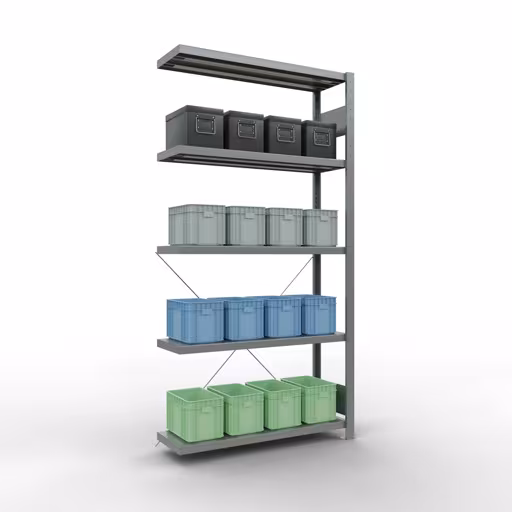 Anbauregal, Fachbodenregal Stecksystem MULTIplus330, 2000 x 1000 x 300 mm (HxBxT), 5 Fachböden, Kreuzstrebe, verzinkt von Schulte Lagertechnik mit der Artikelnr. 13935