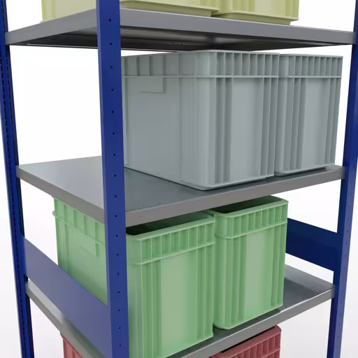 Zusatzbild des Artikels Grundregal, Fachbodenregal Stecksystem MULTIplus330, 3000 x 1000 x 800 mm (HxBxT), 7 Fachböden, Längenriegel, RAL 5010 enzianblau/verzinkt aus Grundregal