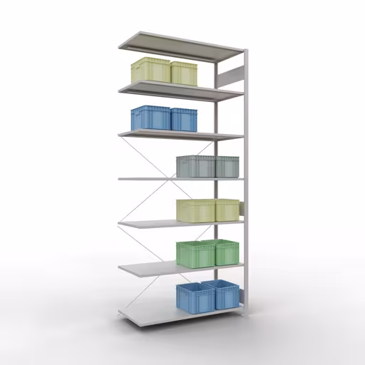 Stecksystem Anbauregal 3000x1300x600 mm, Typ 150 kg, lichtgrau mit der GTIN 4004514293367 Stecksystem Anbauregal 3000x1300x600 mm, Typ 150 kg, lichtgrau von Schulte Lagertechnik mit der Artikelnr. 32667-130