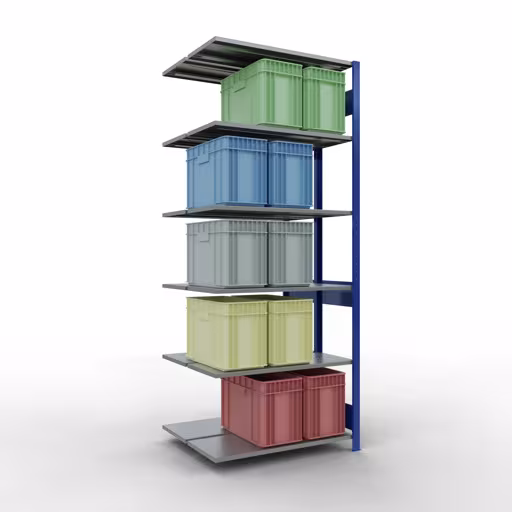 Anbauregal, Doppelregal, Fachbodenregal Stecksystem MULTIplus150, 2500 x 1000 x (2x400) mm (HxBxT), 2x6 Fachböden, Längenriegel, RAL 5010 enzianblau mit der GTIN 4004514296115 Anbauregal, Doppelregal, Fachbodenregal Stecksystem MULTIplus150, 2500 x 1000 x (2x400) mm (HxBxT), 2x6 Fachböden, Längenriegel, RAL 5010 enzianblau von Schulte Lagertechnik mit der Artikelnr. 33146-B