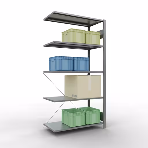 Produktbild Nr 13 des Artikels Anbauregal, Fachbodenregal Stecksystem MULTIplus150, 2000 x 1000 x 500 mm (HxBxT), 5 Fachböden, Kreuzstrebe, verzinkt Abbildung Nr 13 des Artikels Anbauregal, Fachbodenregal Stecksystem MULTIplus150, 2000 x 1000 x 500 mm (HxBxT), 5 Fachböden, Kreuzstrebe, verzinkt aus der Produktgruppe Stecksystem von der Marke Schulte Lagertechnik