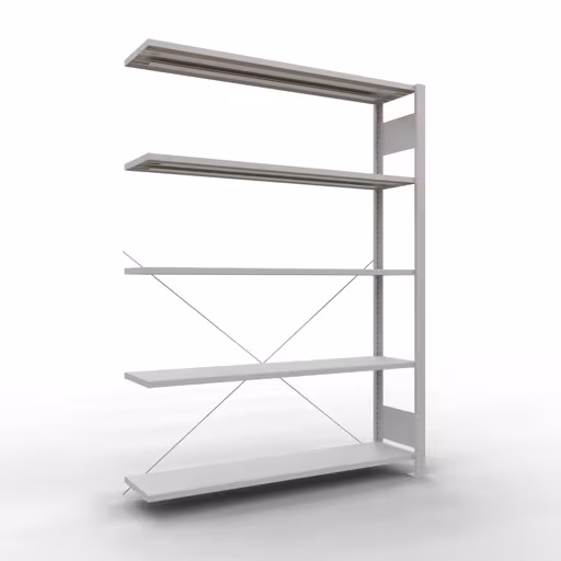 Anbauregal, Büro-Fachbodenregal Stecksystem MULTIplus85, 1800 x 1300 x 300 mm (HxBxT), 5 Fachböden, Kreuzstrebe, ohne Anschlagleiste, lichtgrau aus der Kategorie Stecksystem mit der Artikelnummer 36023