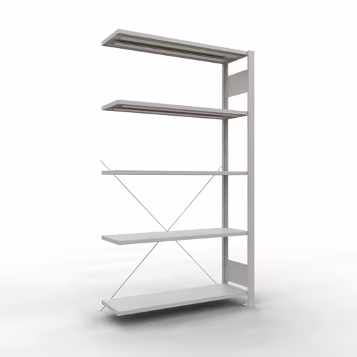 Anbauregal, Büro-Fachbodenregal Stecksystem MULTIplus85, 1800 x 1000 x 300 mm (HxBxT), 5 Fachböden, Kreuzstrebe, ohne Anschlagleiste, lichtgrau aus der Kategorie Stecksystem mit der Artikelnummer 36022