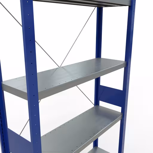 Grundregal, Fachbodenregal Stecksystem MULTIplus330, 3000 x 1000 x 300 mm (HxBxT), 7 Fachböden, Kreuzstrebe, RAL 5010 enzianblau/verzinkt von Schulte Lagertechnik aus der Kategorie Stecksystem