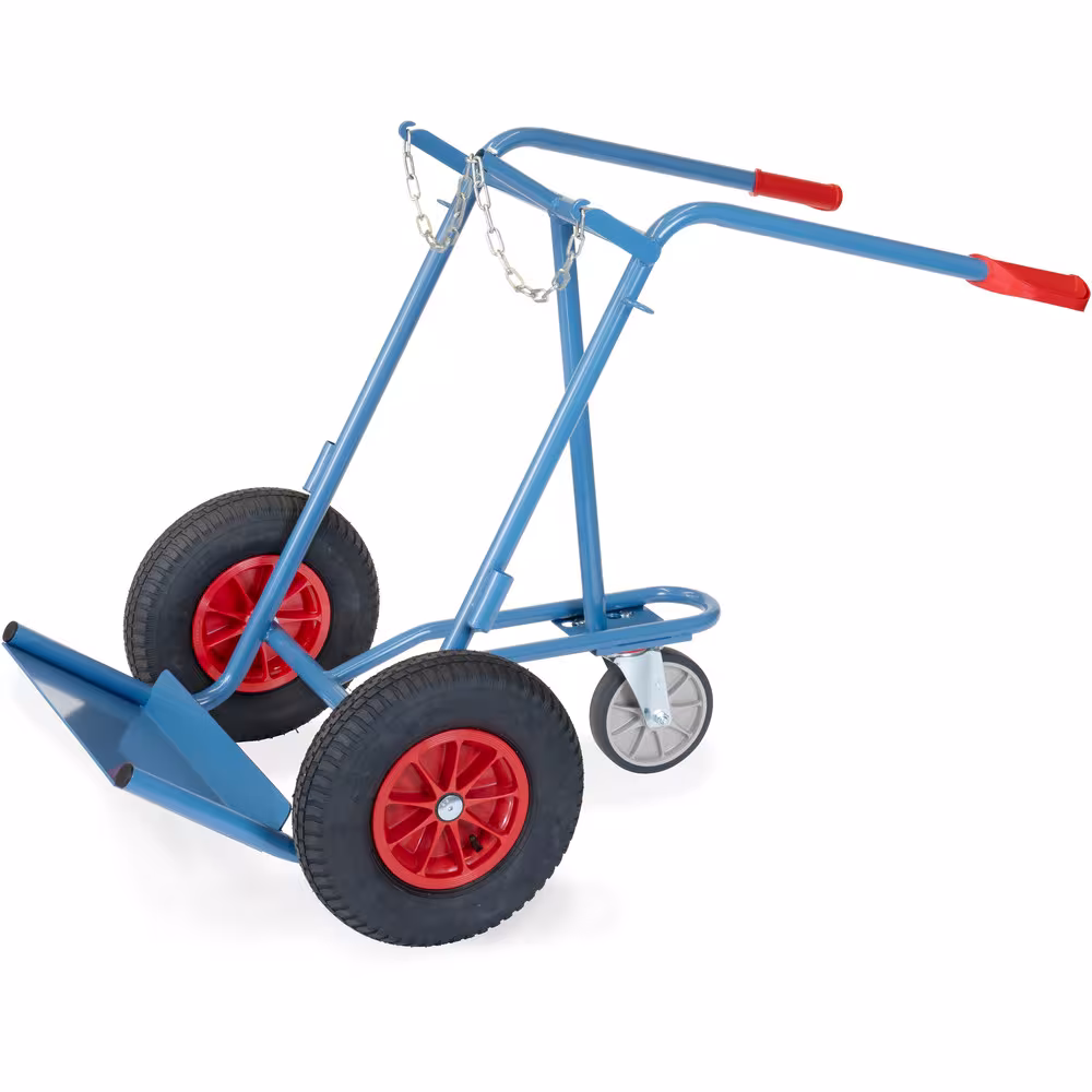 Stahlflaschenkarre 40-50 l pulverbeschichtet blau RAL 5007, Flaschenhalterungen mit Kettensicherung Typ Bereifung: Luft aus der Kategorie Karren mit der Artikelnr. 51022