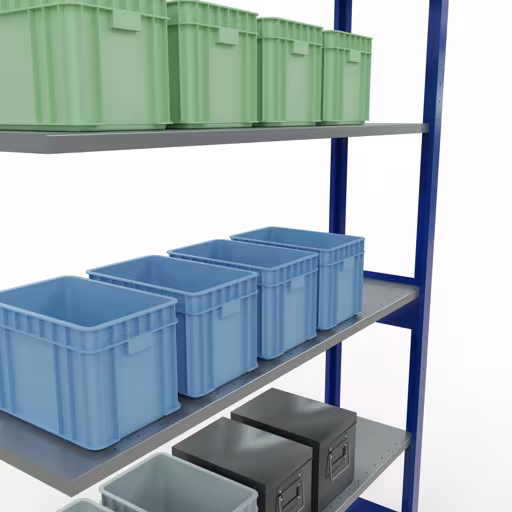Produktbild Nr.7 des Artikels Anbauregal, Fachbodenregal Stecksystem MULTIplus150, 2500 x 1300 x 300 mm (HxBxT), 6 Fachböden, Längenriegel, RAL 5010 enzianblau/verzinkt aus der Produktreihe Stecksystem von der Marke Schulte Lagertechnik