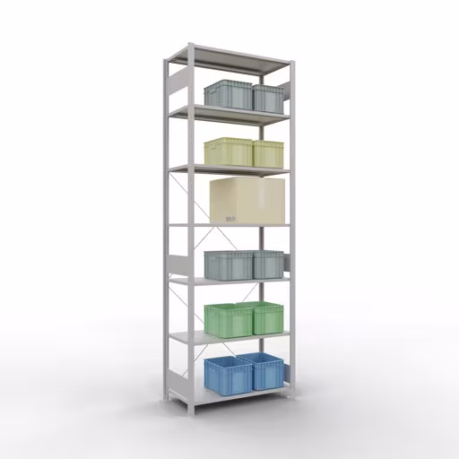 Produktbild Nr 16 des Artikels Grundregal, Fachbodenregal Stecksystem MULTIplus85, 3000 x 1000 x 500 mm (HxBxT), 7 Fachböden, Kreuzstrebe, RAL 7035 lichtgrau Abbildung Nr 16 des Artikels Grundregal, Fachbodenregal Stecksystem MULTIplus85, 3000 x 1000 x 500 mm (HxBxT), 7 Fachböden, Kreuzstrebe, RAL 7035 lichtgrau aus der Produktgruppe Stecksystem von der Marke Schulte Lagertechnik