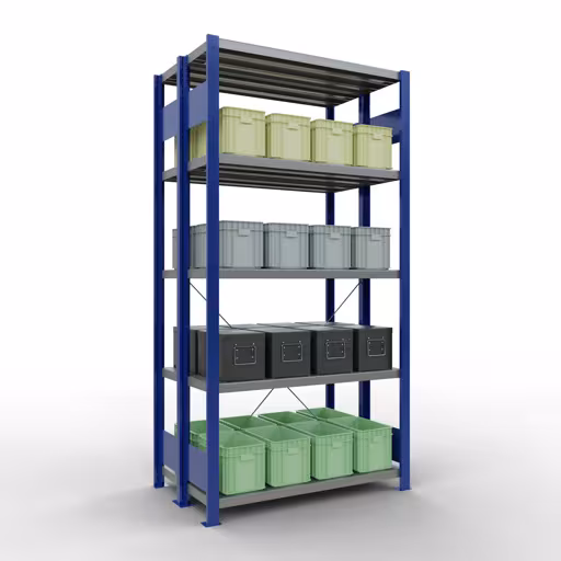 Abbildung Nr 13 des Artikels Grundregal, Doppelregal, Fachbodenregal Stecksystem MULTIplus250, 2000 x 1000 x (2x300) mm (HxBxT), 2x5 Fachböden, Kreuzstrebe, RAL 5010 enzianblau aus der Produktgruppe Fachbodenregale von der Marke Schulte Lagertechnik