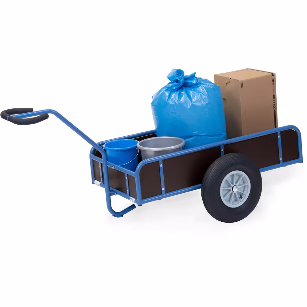 Handwagen schwer Wände aus Stahlrohr geschweißt, pulverbeschichtet, brillantblau RAL 5007 Ausführung Bereifung: Luft mit der GTIN 4017976011844 Handwagen mit Kasten 4107L -Lufträder Ø260 mm Breite 445 mm, Länge 795 mm von Fetra mit der Artikelnr. 4107L