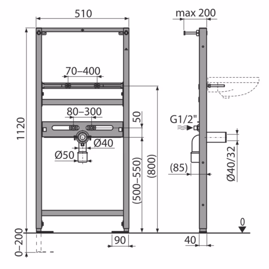Montagerahmen für Waschtische Ausführung Einbauhöhe: 1200mm mit der GTIN 8594045936322 A104 Waschbecken Montageelement zur Wandmontage Einbauhöhe 1200mm von AlcaPlast mit der Artikelnr. A10412