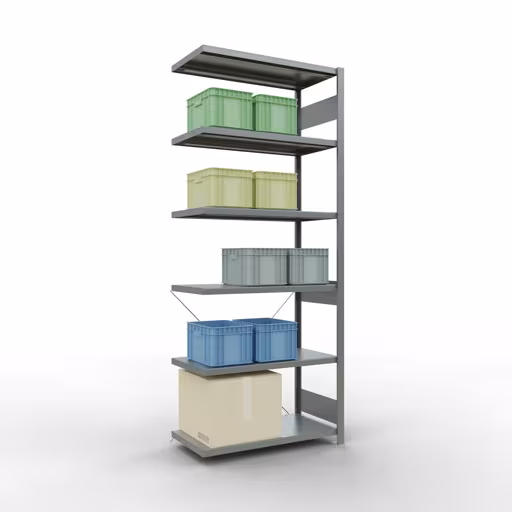 Produktbild Nr 12 des Artikels Anbauregal, Fachbodenregal Stecksystem MULTIplus330, 2500 x 1000 x 500 mm (HxBxT), 6 Fachböden, Kreuzstrebe, verzinkt Abbildung Nr 12 des Artikels Anbauregal, Fachbodenregal Stecksystem MULTIplus330, 2500 x 1000 x 500 mm (HxBxT), 6 Fachböden, Kreuzstrebe, verzinkt aus der Produktgruppe Stecksystem von der Marke Schulte Lagertechnik