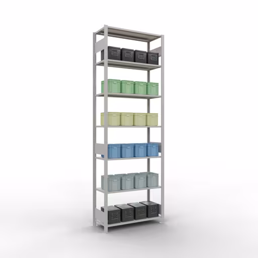 Andere Ansicht des Artikels Grundregal, Fachbodenregal Stecksystem MULTIplus150, 3000 x 1000 x 400 mm (HxBxT), 7 Fachböden, Längenriegel, RAL 7035 lichtgrau aus der Kategorie Grundregal