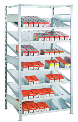 Grundregal, Kanbanregal MULTIplus150, 2000 x 1000 x 800 mm (HxBxT), verzinkt, 7+1 Fachböden, mit Trenn- und Seitenführungen von der Marke Schulte Lagertechnik Grundregal, Kanbanregal MULTIplus150, 2000 x 1000 x 800 mm (HxBxT), verzinkt, 7+1 Fachböden, mit Trenn- und Seitenführungen aus der Kategorie Kanbanregale mit der Artikelnummer 13650