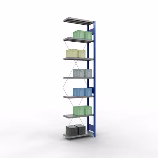 Abbildung Nr 11 des Artikels Anbauregal, Fachbodenregal Stecksystem MULTIplus250, 3000 x 750 x 300 mm (HxBxT), 7 Fachböden, Kreuzstrebe, RAL 5010 enzianblau/verzinkt/verzinkt aus der Produktgruppe Stecksystem von der Marke Schulte Lagertechnik