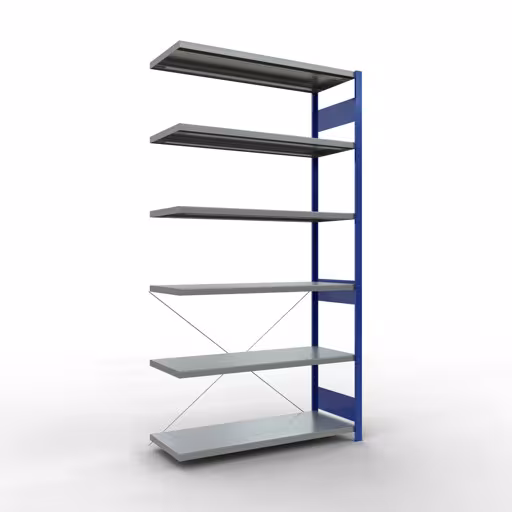Abbildung Nr 8 des Artikels Anbauregal, Fachbodenregal Stecksystem MULTIplus250, 2500 x 1300 x 500 mm (HxBxT), 6 Fachböden, Kreuzstrebe, RAL 5010 enzianblau/verzinkt aus der Produktgruppe Stecksystem von der Marke Schulte Lagertechnik