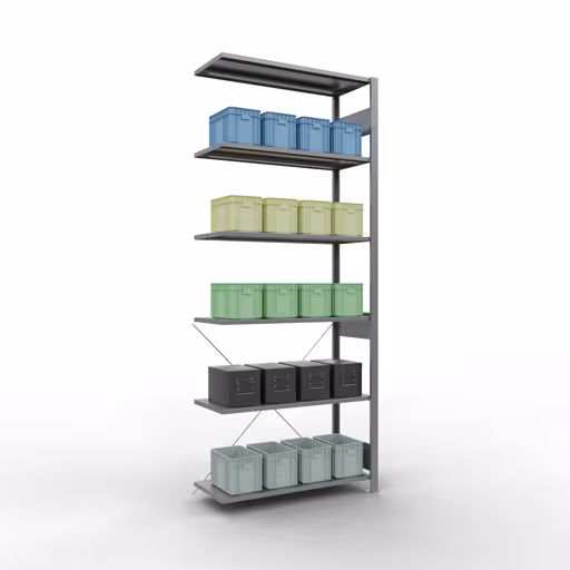 Produktbild Nr 12 des Artikels Anbauregal, Fachbodenregal Stecksystem MULTIplus85, 2500 x 1000 x 400 mm (HxBxT), 6 Fachböden, Kreuzstrebe, verzinkt Abbildung Nr 12 des Artikels Anbauregal, Fachbodenregal Stecksystem MULTIplus85, 2500 x 1000 x 400 mm (HxBxT), 6 Fachböden, Kreuzstrebe, verzinkt aus der Produktgruppe Stecksystem von der Marke Schulte Lagertechnik