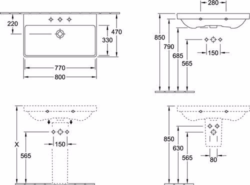 Schrankwaschtisch Avento 800 x 470 mm, für 3-Loch Armatur geeigne weiß Alpin weiß VILLEROY & BOCH