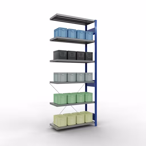 Produktbild Nr 11 des Artikels Anbauregal, Fachbodenregal Stecksystem MULTIplus330, 2500 x 1000 x 400 mm (HxBxT), 6 Fachböden, Kreuzstrebe, RAL 5010 enzianblau/verzinkt Abbildung Nr 11 des Artikels Anbauregal, Fachbodenregal Stecksystem MULTIplus330, 2500 x 1000 x 400 mm (HxBxT), 6 Fachböden, Kreuzstrebe, RAL 5010 enzianblau/verzinkt aus der Produktgruppe Stecksystem von der Marke Schulte Lagertechnik