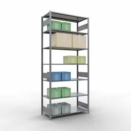 Grundregal, Fachbodenregal Stecksystem MULTIplus150, 3000 x 1300 x 600 mm (HxBxT), 7 Fachböden, Längenriegel, verzinkt mit der GTIN 4004514280954 Grundregal, Fachbodenregal Stecksystem MULTIplus150, 3000 x 1300 x 600 mm (HxBxT), 7 Fachböden, Längenriegel, verzinkt von Schulte Lagertechnik mit der Artikelnr. 12762-130-LR