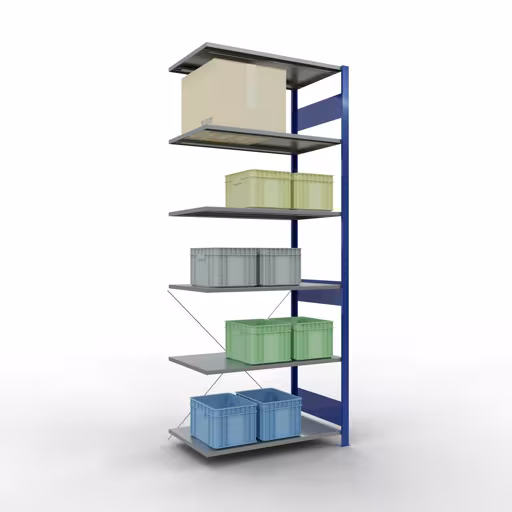 Abbildung Nr 14 des Artikels Anbauregal, Fachbodenregal Stecksystem MULTIplus85, 2500 x 1000 x 600 mm (HxBxT), 6 Fachböden, Kreuzstrebe, RAL 5010 enzianblau aus der Produktgruppe Stecksystem von der Marke Schulte Lagertechnik