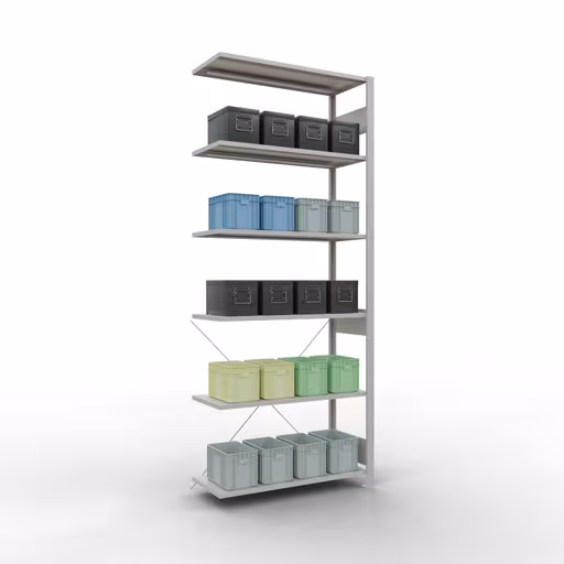Abbildung Nr 9 des Artikels Anbauregal, Fachbodenregal Stecksystem MULTIplus85, 2500 x 1000 x 400 mm (HxBxT), 6 Fachböden, Kreuzstrebe, RAL 7035 lichtgrau aus der Produktgruppe Stecksystem von der Marke Schulte Lagertechnik