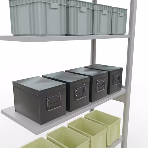 Abbildung Nr 14 des Artikels Anbauregal, Fachbodenregal Stecksystem MULTIplus85, 2500 x 1000 x 400 mm (HxBxT), 6 Fachböden, Längenriegel, RAL 7035 lichtgrau aus der Produktgruppe Stecksystem von der Marke Schulte Lagertechnik