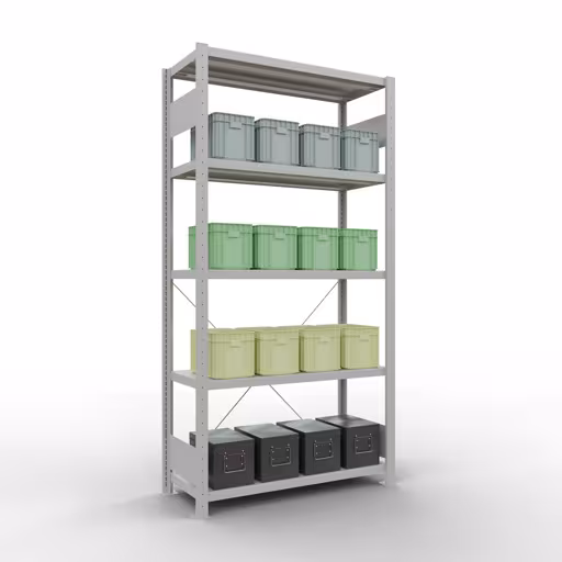 Grundregal, Fachbodenregal Stecksystem MULTIplus250, 2000 x 1000 x 400 mm (HxBxT), 5 Fachböden, Kreuzstrebe, RAL 7035 lichtgrau mit der GTIN 4004514203977 Grundregal, Fachbodenregal Stecksystem MULTIplus250, 2000 x 1000 x 400 mm (HxBxT), 5 Fachböden, Kreuzstrebe, RAL 7035 lichtgrau von Schulte Lagertechnik mit der Artikelnr. 32840