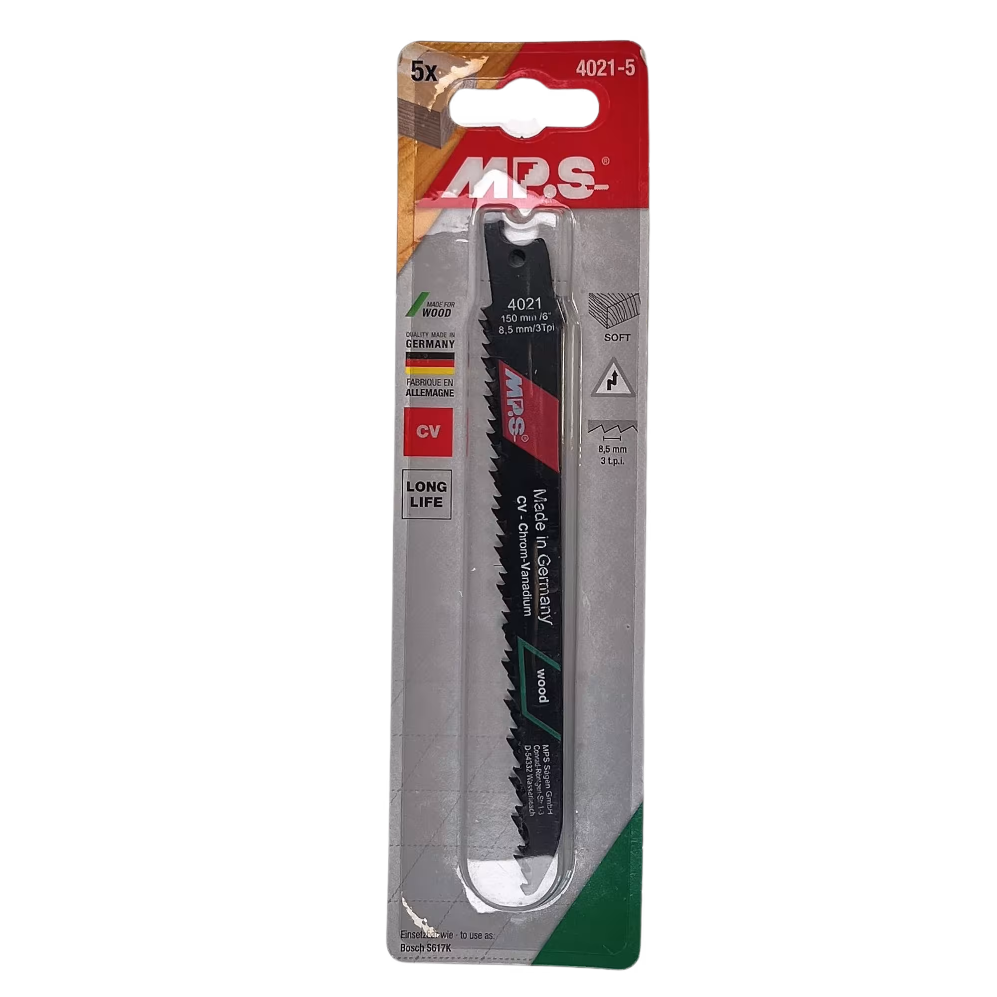 MPS CV-Säbelsägeblatt gefräst und geschränkt zur Bearbeitung von Holz, Holzfaserplatten und Kunststoffen Ausführung Ausführung: CV-Säbelsägeblatt gefräst und geschränkt GL 150/VL 130mm, ZT 8,5mm mit der GTIN 4028655040215 CV-Säbelsägeblatt gefräst und geschränkt GL 150/VL 130mm, ZT 8,5mm von MPS mit der Artikelnr. 4021-5