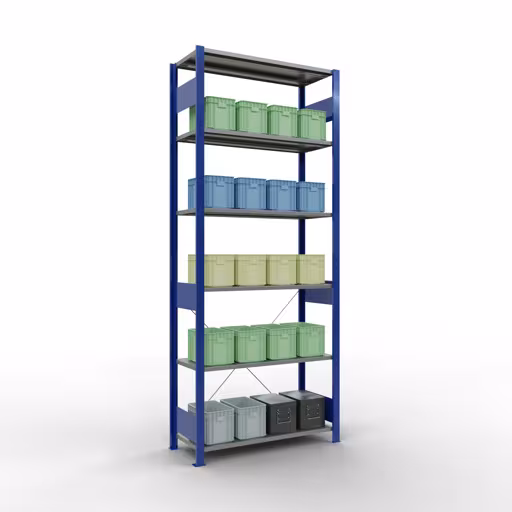 Produktbild Nr 13 des Artikels Grundregal, Fachbodenregal Stecksystem MULTIplus85, 2500 x 1000 x 400 mm (HxBxT), 6 Fachböden, Kreuzstrebe, RAL 5010 enzianblau Abbildung Nr 13 des Artikels Grundregal, Fachbodenregal Stecksystem MULTIplus85, 2500 x 1000 x 400 mm (HxBxT), 6 Fachböden, Kreuzstrebe, RAL 5010 enzianblau aus der Produktgruppe Stecksystem von der Marke Schulte Lagertechnik