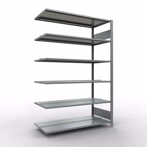 Anbauregal, Büro-Fachbodenregal Stecksystem MULTIplus150, 2000 x 1300 x 600 mm (HxBxT), 6 Fachböden, Längenriegel, verzinkt, mit Mittelanschlag aus der Kategorie Stecksystem mit der Artikelnummer 17747