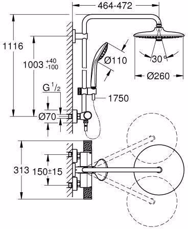 Technische Zeichnung 3997884 GROHE Duschsystem Euphoria 260 27296_3 Wandmontage Thermostat CoolTouch chrom