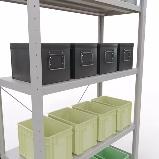 Produktbild Nr 13 des Artikels Grundregal, Fachbodenregal Stecksystem MULTIplus330, 2000 x 1000 x 400 mm (HxBxT), 5 Fachböden, Kreuzstrebe, RAL 7035 lichtgrau Abbildung Nr 13 des Artikels Grundregal, Fachbodenregal Stecksystem MULTIplus330, 2000 x 1000 x 400 mm (HxBxT), 5 Fachböden, Kreuzstrebe, RAL 7035 lichtgrau aus der Produktgruppe Stecksystem von der Marke Schulte Lagertechnik