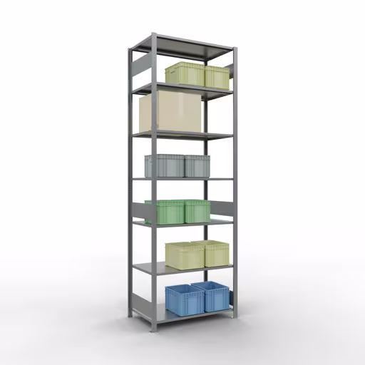 Zusatzbild des Artikels Grundregal, Fachbodenregal Stecksystem MULTIplus150, 3000 x 1000 x 600 mm (HxBxT), 7 Fachböden, Längenriegel, verzinkt Zusatzbild des Artikels Grundregal, Fachbodenregal Stecksystem MULTIplus150, 3000 x 1000 x 600 mm (HxBxT), 7 Fachböden, Längenriegel, verzinkt aus Grundregal