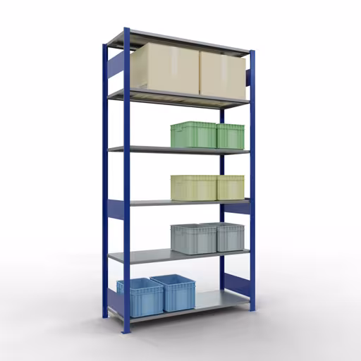 Produktbild Nr.14 des Artikels Grundregal, Fachbodenregal Stecksystem MULTIplus150, 2500 x 1300 x 500 mm (HxBxT), 6 Fachböden, Längenriegel, RAL 5010 enzianblau/verzinkt aus der Produktreihe Stecksystem von der Marke Schulte Lagertechnik