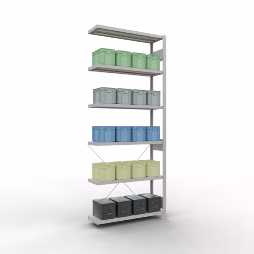 Anbauregal, Fachbodenregal Stecksystem MULTIplus250, 2500 x 1000 x 300 mm (HxBxT), 6 Fachböden, Kreuzstrebe, RAL 7035 lichtgrau mit der Artikelnr. 32836 Anbauregal, Fachbodenregal Stecksystem MULTIplus250, 2500 x 1000 x 300 mm (HxBxT), 6 Fachböden, Kreuzstrebe, RAL 7035 lichtgrau von Schulte Lagertechnik aus der Kategorie Stecksystem