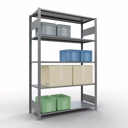 Grundregal, Fachbodenregal Stecksystem MULTIplus150, 2000 x 1300 x 500 mm (HxBxT), 5 Fachböden, Längenriegel, verzinkt mit der Artikelnr. 12750-130-LR Grundregal, Fachbodenregal Stecksystem MULTIplus150, 2000 x 1300 x 500 mm (HxBxT), 5 Fachböden, Längenriegel, verzinkt von Schulte Lagertechnik aus der Kategorie Stecksystem