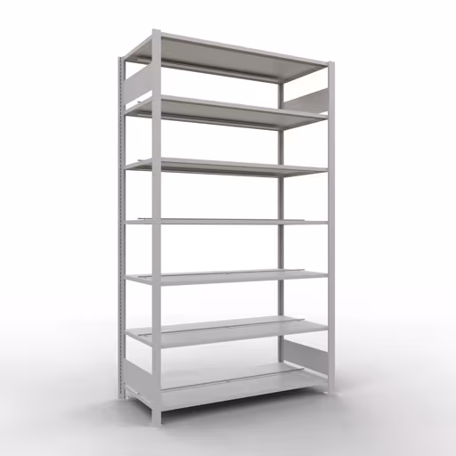Grundregal, Büro-Fachbodenregal Stecksystem MULTIplus150, 2300 x 1300 x 600 mm (HxBxT), 7 Fachböden, Längenriegel, mit Mittelanschlag, lichtgrau aus der Kategorie Stecksystem mit der Artikelnummer 36050