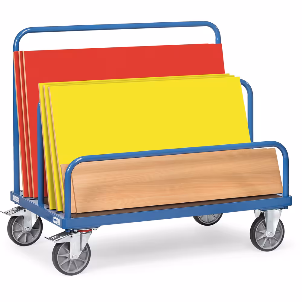 Plattenwagen 1200 kg ohne Bügel pulverbeschichtet, Holzplattform, 7 Verstellmöglichkeiten für Einsteckbügel Ausführung Ladeflächenbreite: 800 mm mit der GTIN 4017976020112 Plattenwagen 4465 - ohne Bügel Breite 800 mm, Länge 1600 mm von Fetra mit der Artikelnr. 4465