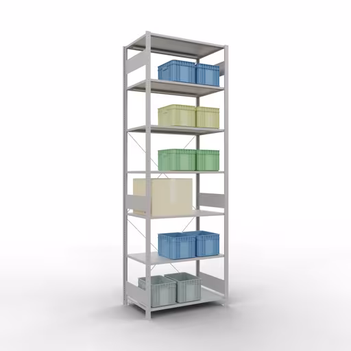 Produktbild Nr 14 des Artikels Grundregal, Fachbodenregal Stecksystem MULTIplus85, 3000 x 1000 x 600 mm (HxBxT), 7 Fachböden, Kreuzstrebe, RAL 7035 lichtgrau Abbildung Nr 14 des Artikels Grundregal, Fachbodenregal Stecksystem MULTIplus85, 3000 x 1000 x 600 mm (HxBxT), 7 Fachböden, Kreuzstrebe, RAL 7035 lichtgrau aus der Produktgruppe Stecksystem von der Marke Schulte Lagertechnik